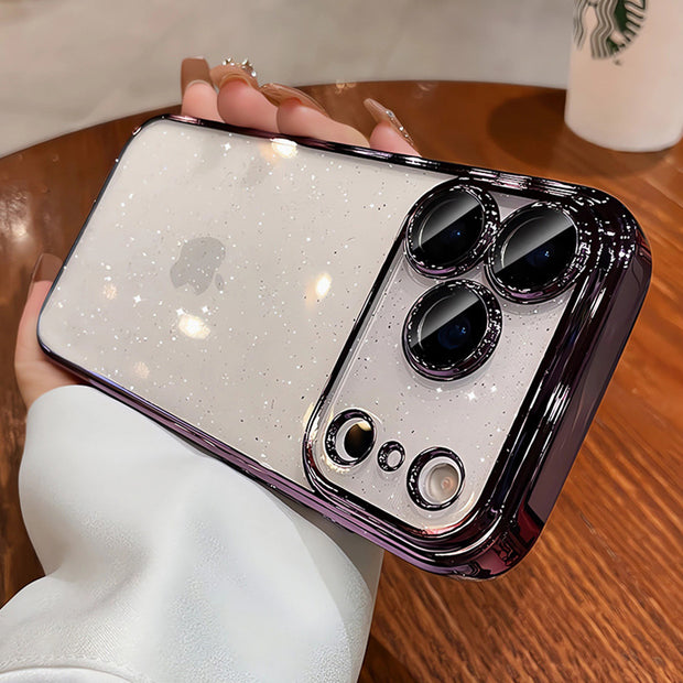 iPhone 17 用携帯電話ケース、星空グリッター電気メッキPCケース、Apple 15 Pro レンズフィルム、透明保護カバーに最適