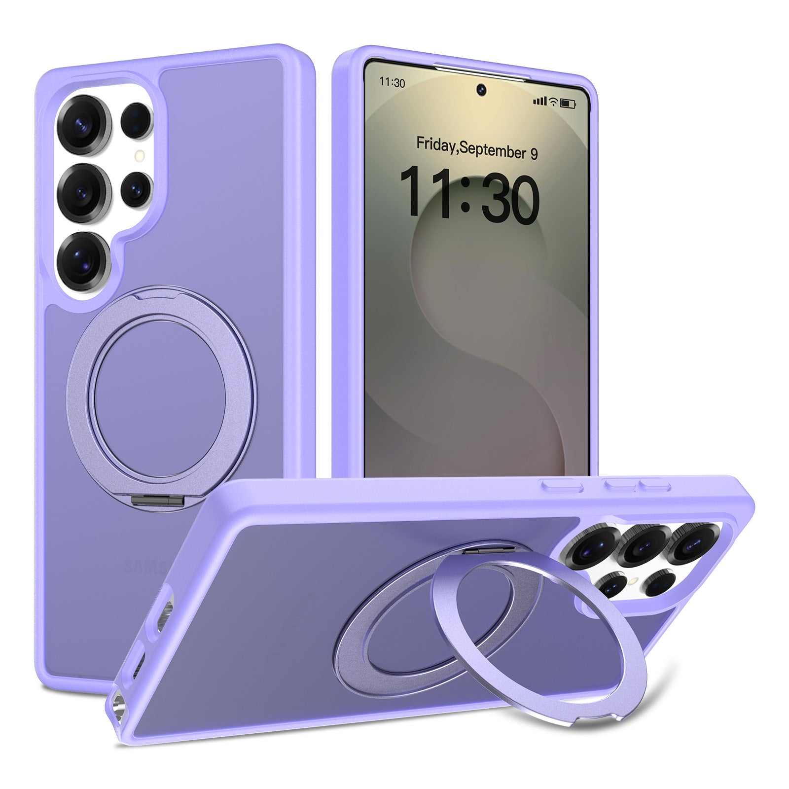 Samsung S25 Ultra シルバーシールド スキンフィール回転スタンド スマホケース マグネット式 半透明保護ケース