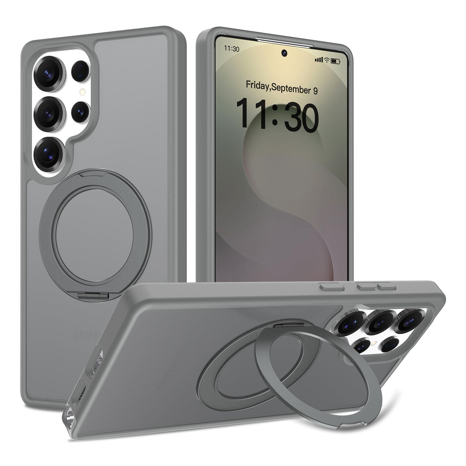 Samsung S25 Ultra シルバーシールド スキンフィール回転スタンド スマホケース マグネット式 半透明保護ケース