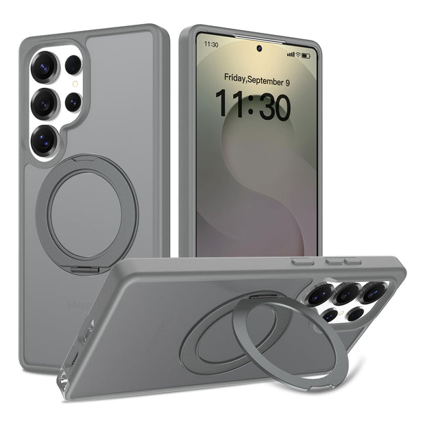 Samsung S25 Ultra シルバーシールド スキンフィール回転スタンド スマホケース マグネット式 半透明保護ケース