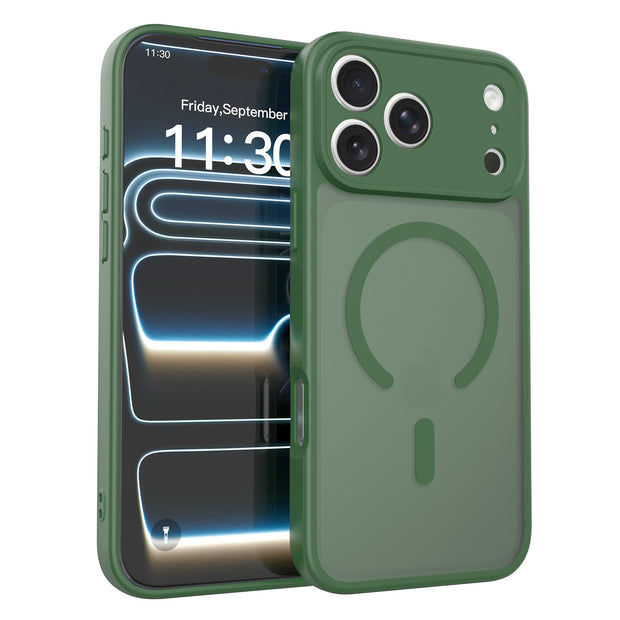 在庫あり、Apple iPhone 17 Pro Max 対応、細かい穴あきマグネット式電話ケース、半透明のオレンジケース。