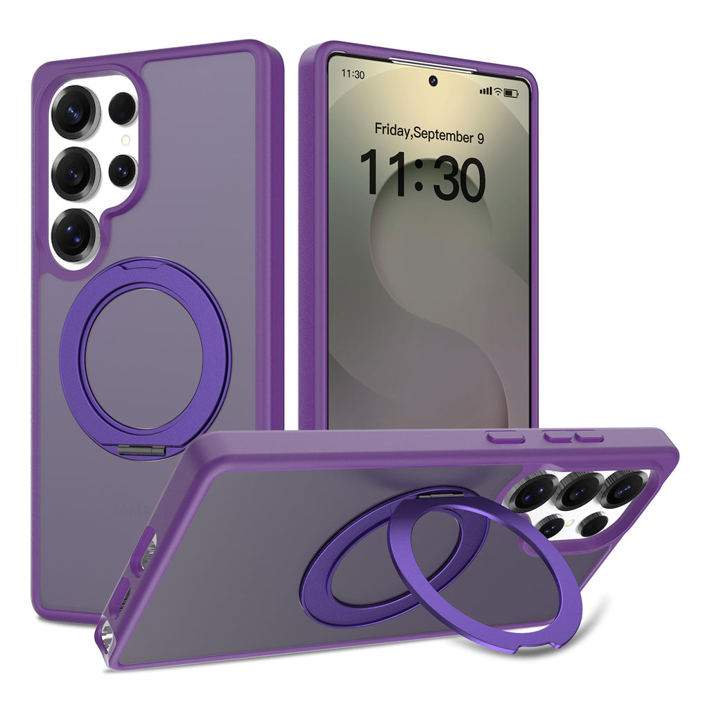 Samsung S25 Ultra シルバーシールド スキンフィール回転スタンド スマホケース マグネット式 半透明保護ケース