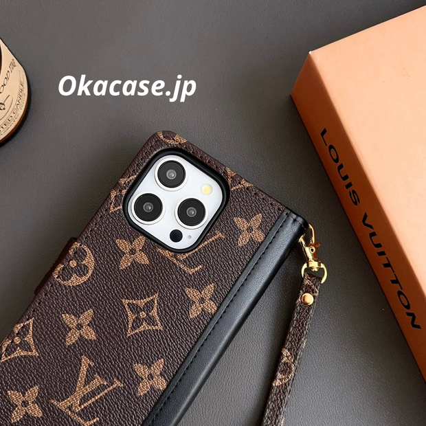 皮革手帳型 モノグラムiPhone ケース カードホルダー・紙幣収納ポケット付-OKHYL002