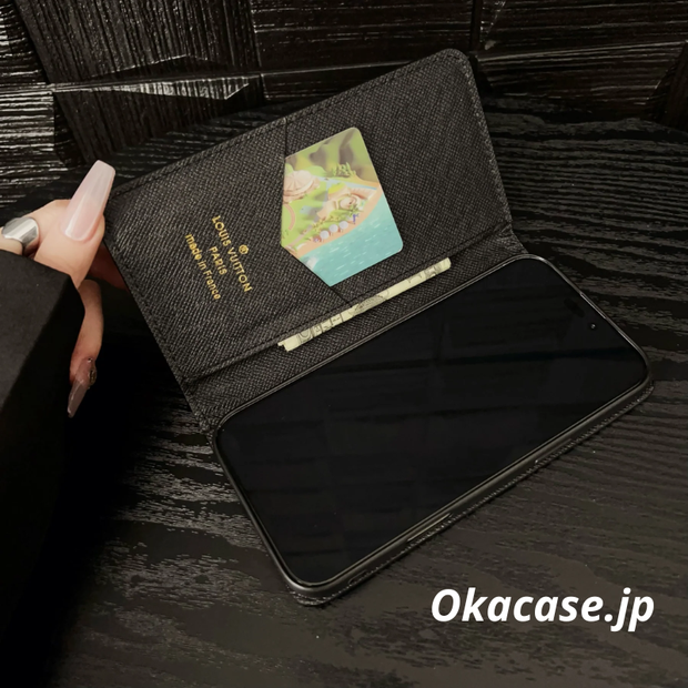 モノグラム高級レザー手帳型iPhoneケース カード収納付き-OKHYL003