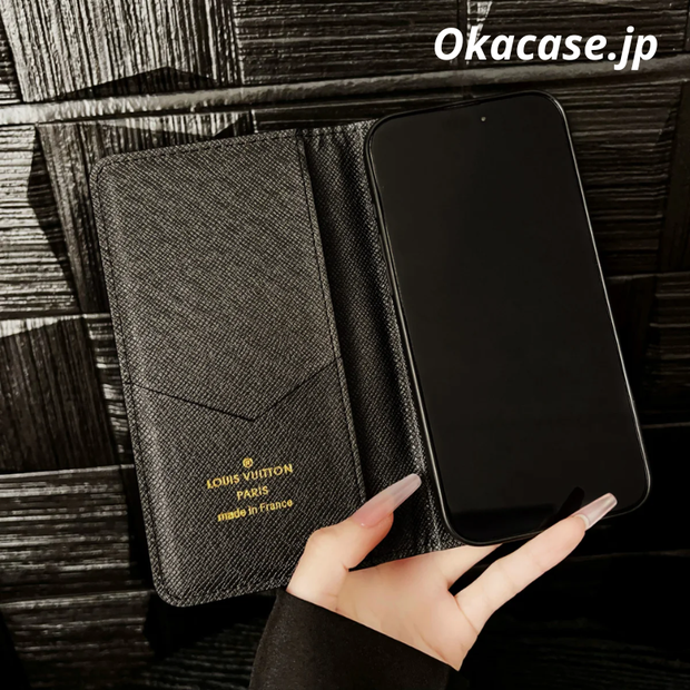 モノグラム高級レザー手帳型iPhoneケース カード収納付き-OKHYL003