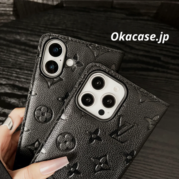 モノグラム高級レザー手帳型iPhoneケース カード収納付き-OKHYL003