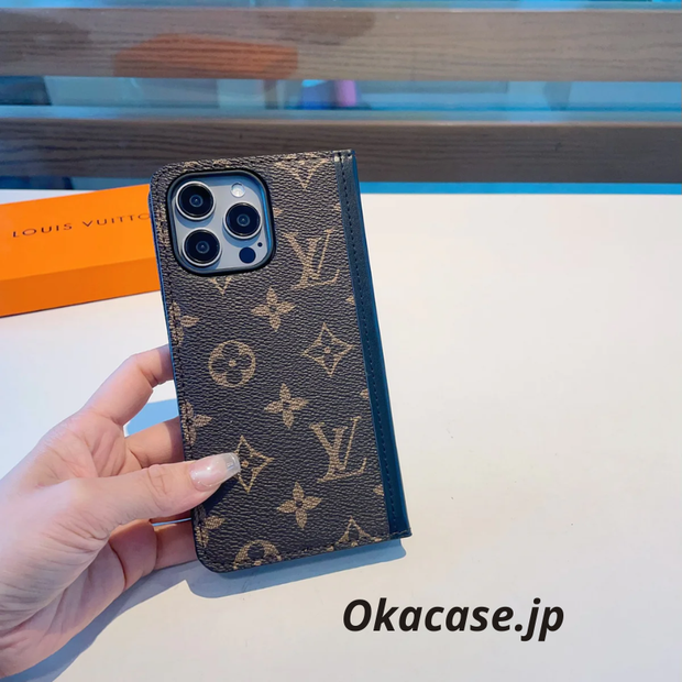 プレミアムレザー モノグラム iPhoneケース 大きな印刷（カード収納・コインポケット付き／ビッグプリント-OKHYL004