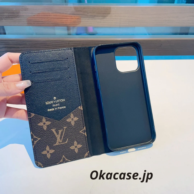 プレミアムレザー モノグラム iPhoneケース 大きな印刷（カード収納・コインポケット付き／ビッグプリント-OKHYL004