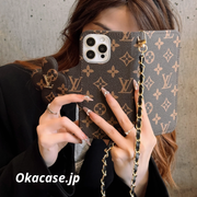 モノグラム柄クラシック手帳型iPhoneケース（カード収納・チェーン付き）-OKJK001