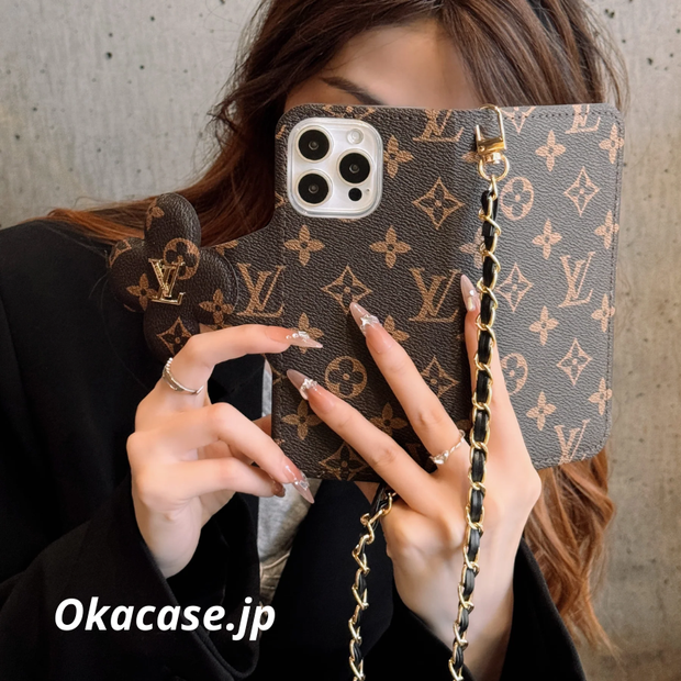 モノグラム柄クラシック手帳型iPhoneケース（カード収納・チェーン付き）-OKJK001