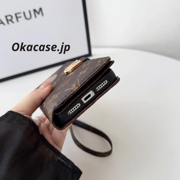 ラグジュアリーデザイン モノグラム手帳型iPhoneケース（ファスナー財布＆ストラップ付き）-OKLB003