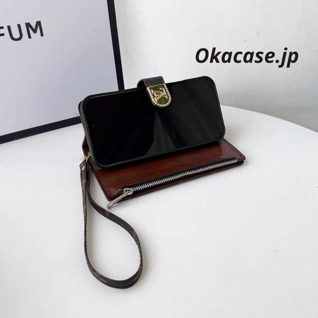 ラグジュアリーデザイン モノグラム手帳型iPhoneケース（ファスナー財布＆ストラップ付き）-OKLB003
