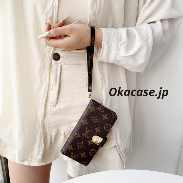 ラグジュアリーデザイン モノグラム手帳型iPhoneケース（ファスナー財布＆ストラップ付き）-OKLB003