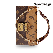 高級レザーフォリオ モノグラムiPhoneケース（カードホルダー・ストラップ付き）-OKMTY004