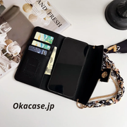 高級レザーフォリオ モノグラムiPhoneケース（カードホルダー・ストラップ付き）-OKMTY004