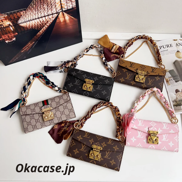 高級レザーフォリオ モノグラムiPhoneケース（カードホルダー・ストラップ付き）-OKMTY004