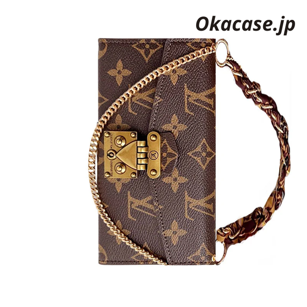 高級レザーフォリオ モノグラムiPhoneケース（カードホルダー・ストラップ付き）-OKMTY004