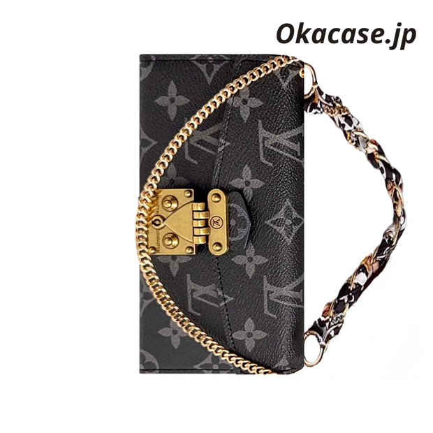 高級レザーフォリオ モノグラムiPhoneケース（カードホルダー・ストラップ付き）-OKMTY004