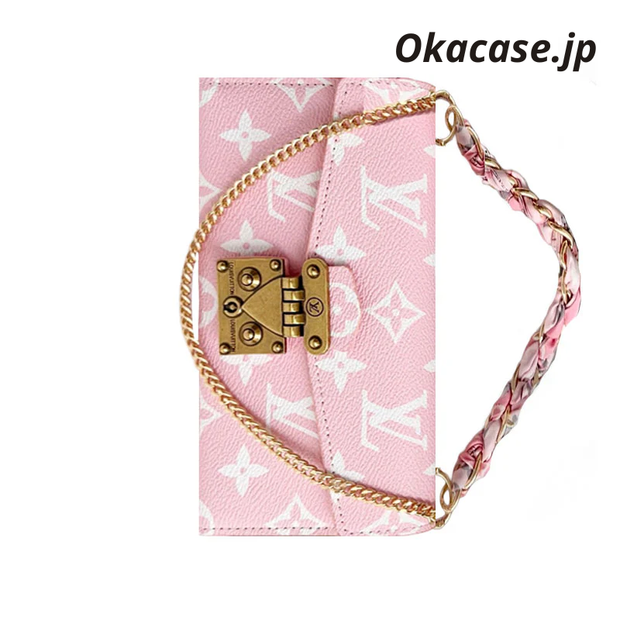 高級レザーフォリオ モノグラムiPhoneケース（カードホルダー・ストラップ付き）-OKMTY004