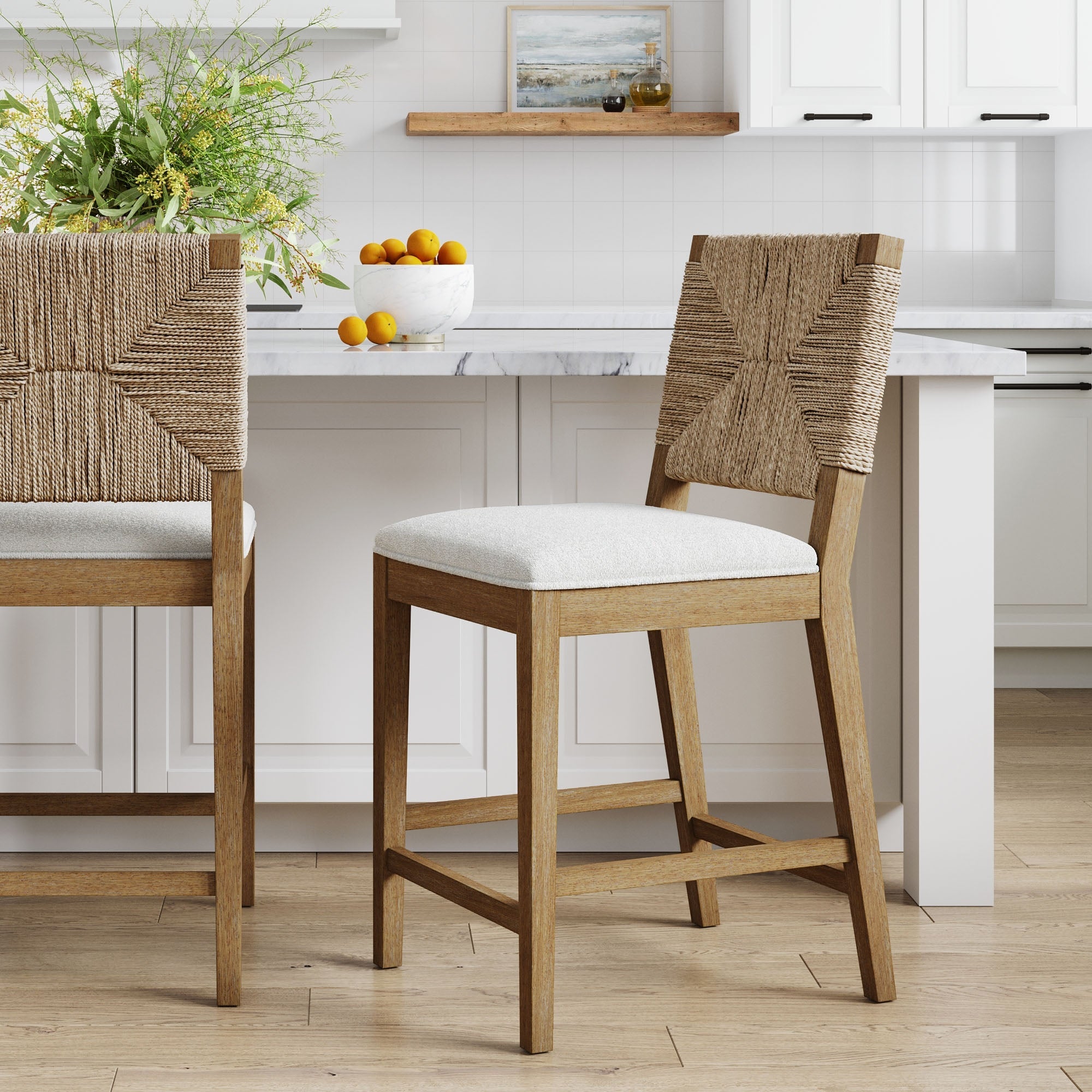 Stylish Counter Height Bar Stool with Textured Boucle Seat & Woven Seagrass Backrest for Modern Coastal Decor 0