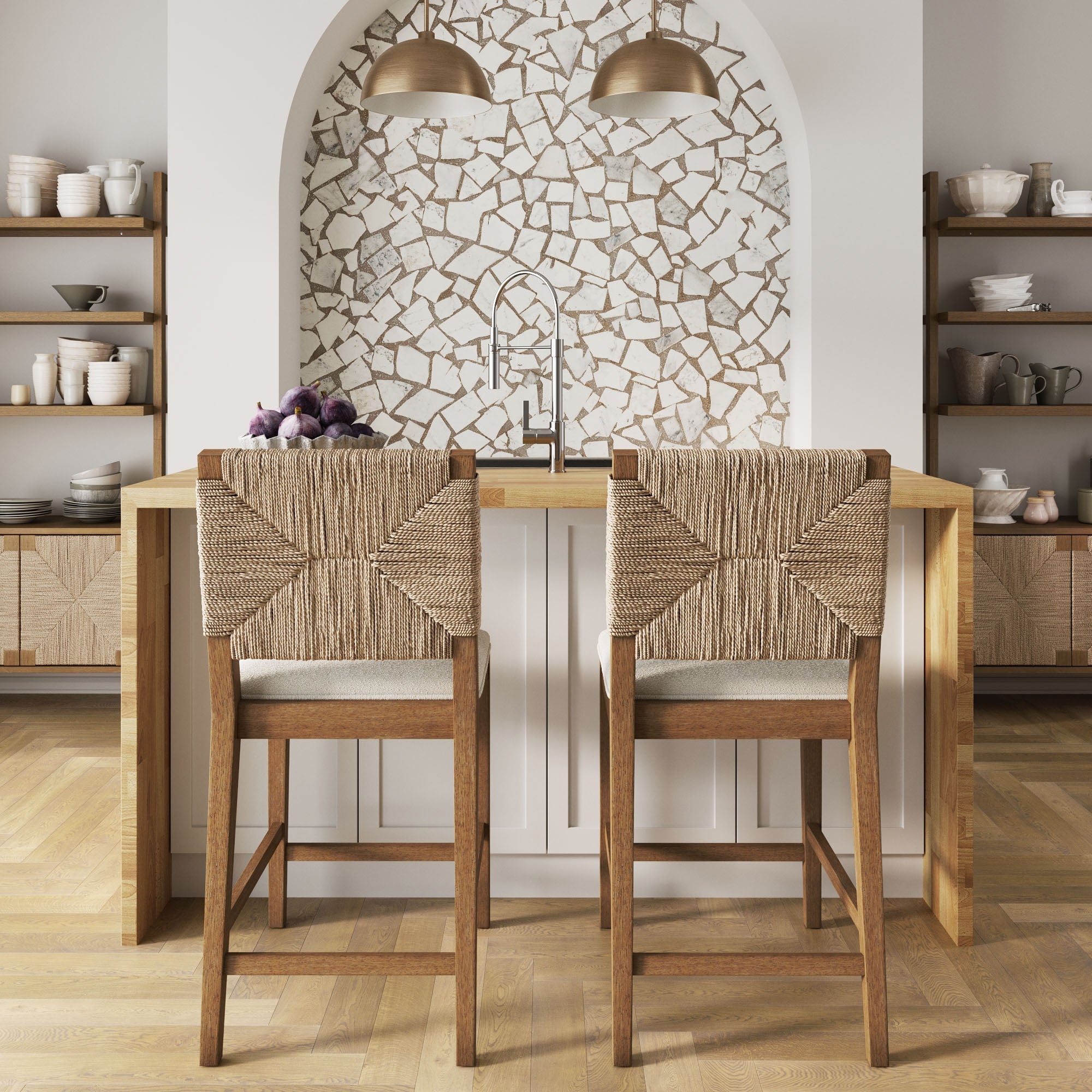 Stylish Counter Height Bar Stool with Textured Boucle Seat & Woven Seagrass Backrest for Modern Coastal Decor 1