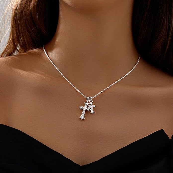 Unisex 14k Gold Plated Dual Cross Necklace | Elegant Religious Jewelry with Cubic Zirconia 1