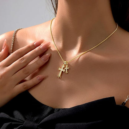 Unisex 14k Gold Plated Dual Cross Necklace | Elegant Religious Jewelry with Cubic Zirconia 2