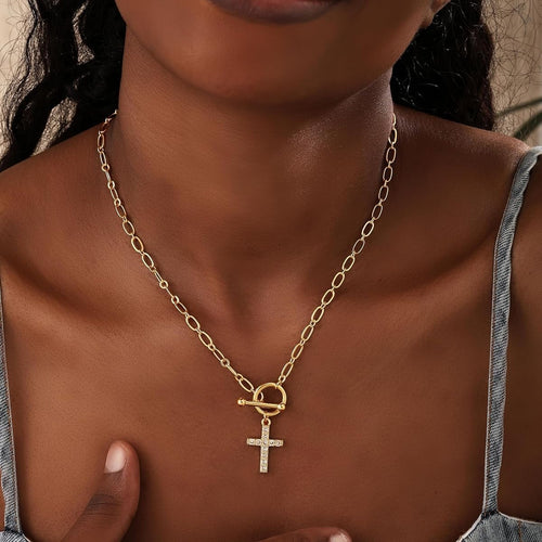 Unisex Gold Plated Stainless Steel Necklace | Elegant Cross Pendant with Sparkling Zirconia 0