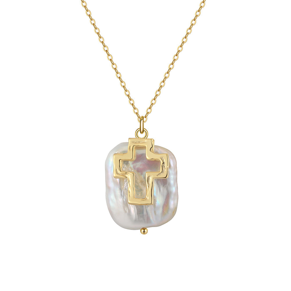 Women's 14k Gold Plated Cross Necklace | Elegant Genuine Freshwater Pearl Pendant 0