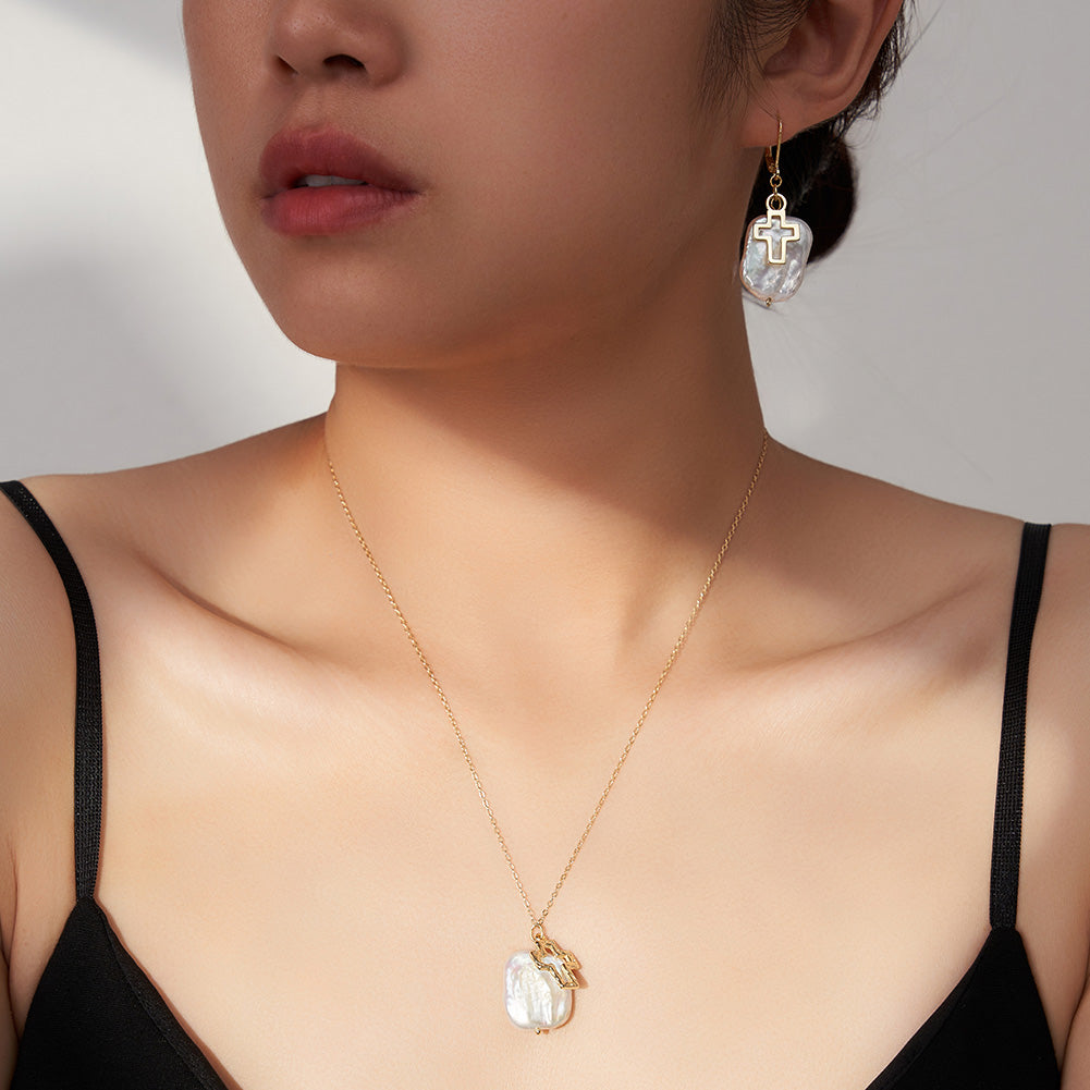 Women's 14k Gold Plated Cross Necklace | Elegant Genuine Freshwater Pearl Pendant 1