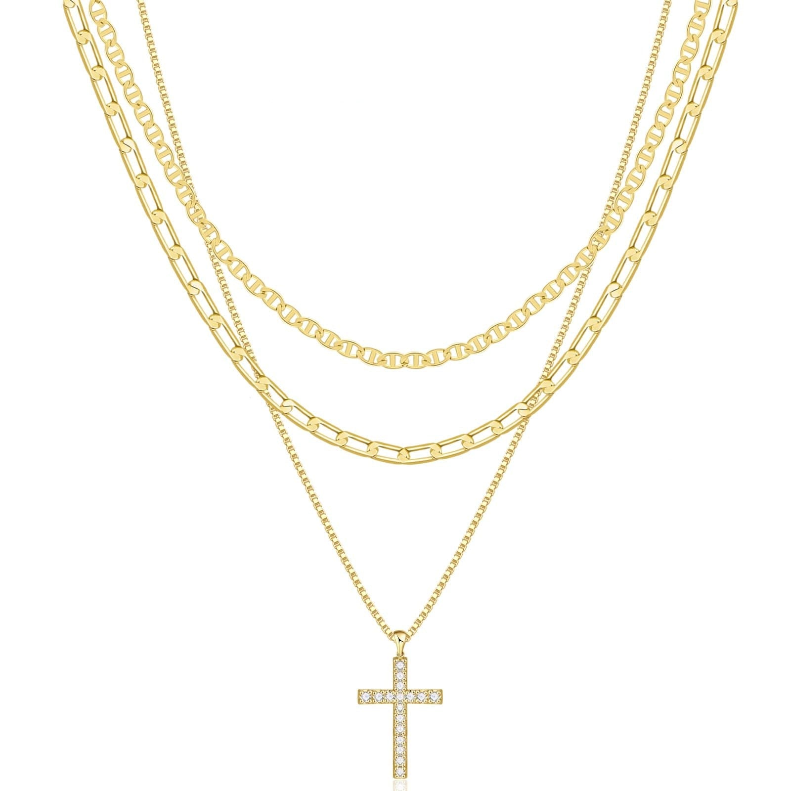 Women's 14k Gold Plated Cross Necklace | Elegant Triple Layer Cubic Zirconia Jewelry 2