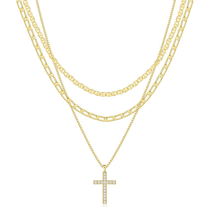 Women's 14k Gold Plated Cross Necklace | Elegant Triple Layer Cubic Zirconia Jewelry 2
