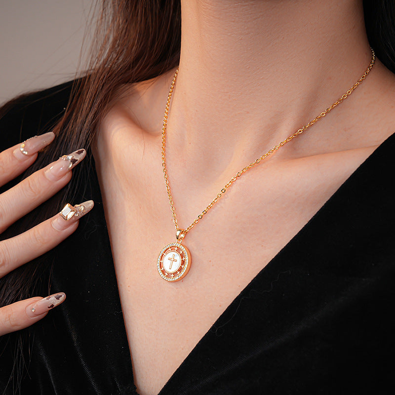 Women's 14k Gold Plated Stainless Steel Necklace | Elegant Surrounding Cross Pendant | Adjustable Length 0