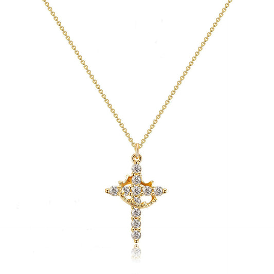 Women's 14k Gold Plated Sterling Silver Necklace | Elegant Cross and Crown Design for All Occasions 0
