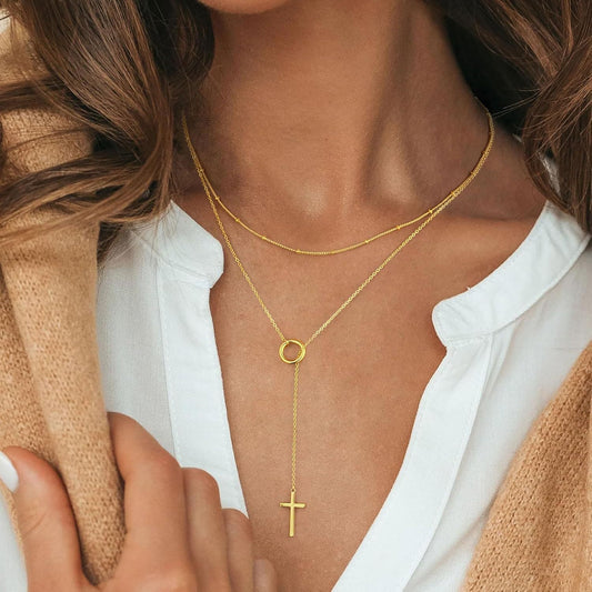 Women's Gold Plated Layered Necklace | Stylish Double Layer Cross Pendant Jewelry 0