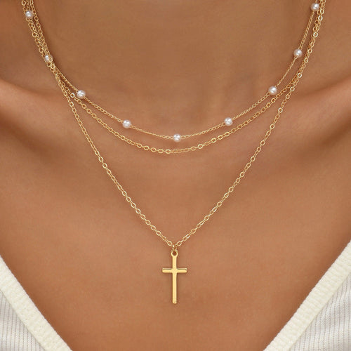 Women's Gold Plated Stainless Steel Pearl Necklace | Elegant Triple Layer Cross Pendant Jewelry 0